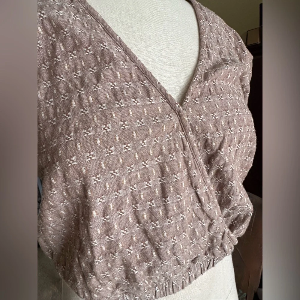 Madewell  Jacquard Puff Sleeve Faux-Wrap Cropped Cotton Embroidered Top Sz XS
